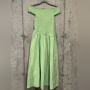 FREE PEOPLE Green Ceci Smocked Off Shoulder Midi Dress Size XS NWOT